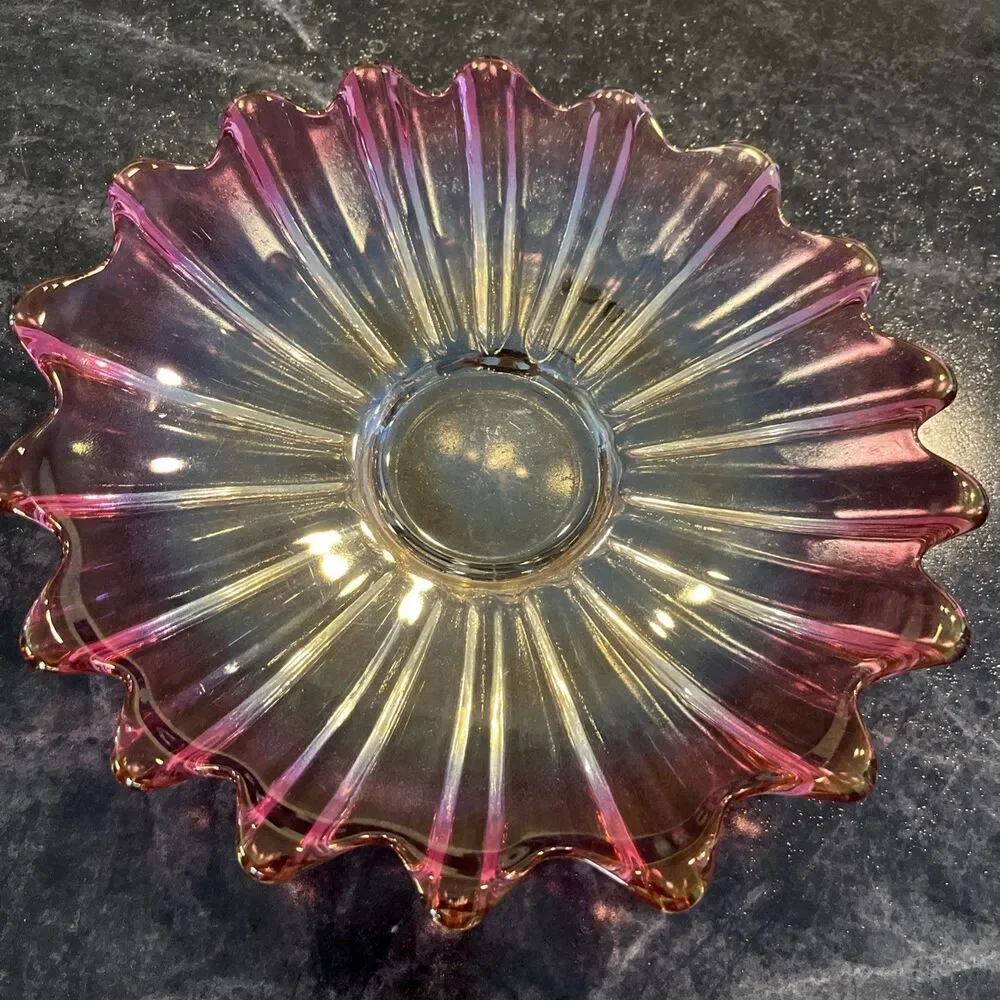 Vintage Federal Glass Celestial Sunburst Flower Plate In Iridescent Gem Tone